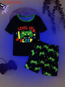 Young BoyVideo Game Glow-In-The-Dark Round Neck Short Sleeve Top And Shorts Pajama Set - Multicolor - View 6