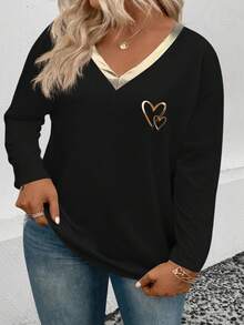 EMERY ROSE New Fashionable Casual Black Long Sleeve V-Neck Gold Foil Heart Print T-Shirt, Spring/Summer - Multicolor - View 7