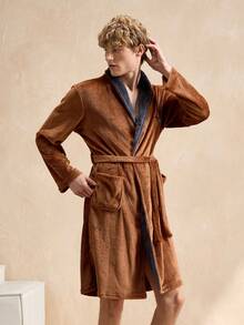 EverLounge 撞色领抓绒双口袋男士系带浴袍，蓬松冬季款 - 棕色 - 查看 5