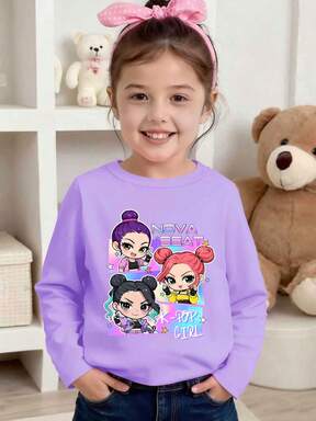 Maglietta a maniche lunghe con scollo tondo, stampa di ragazza anime K-pop carina e casual, adatta per autunno/inverno