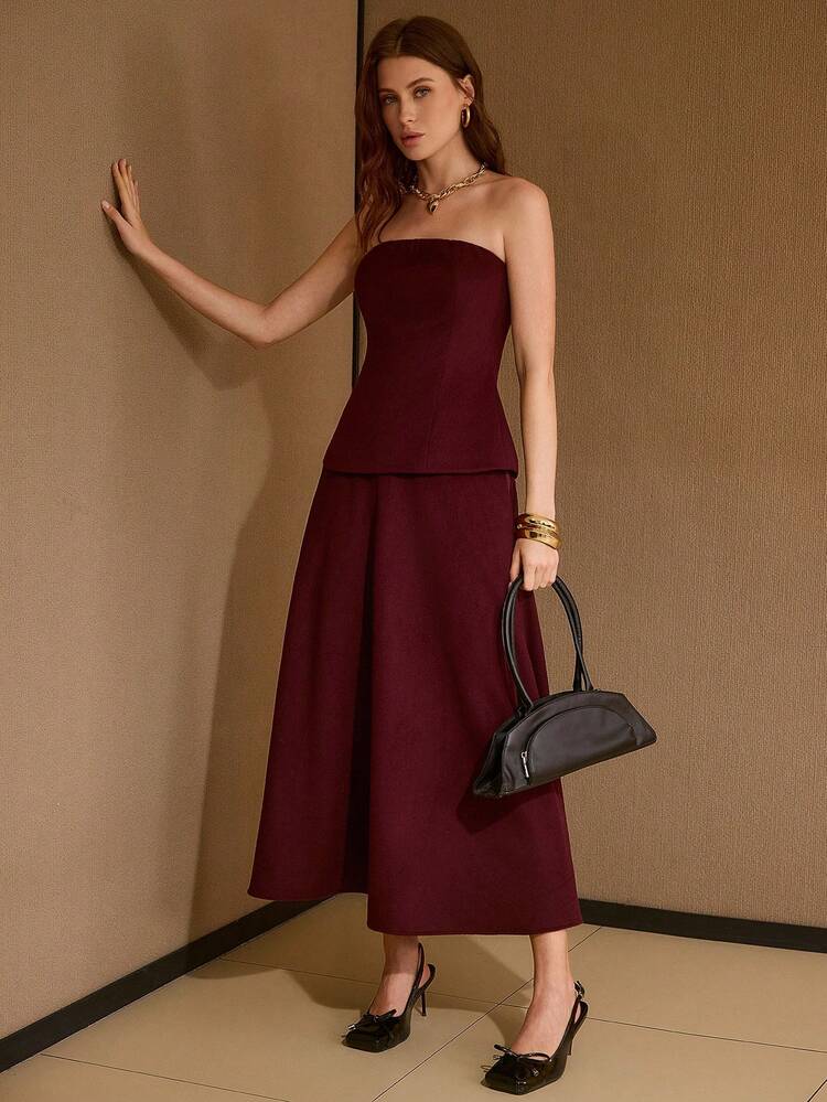 울 솔리드 슬림핏 튜브 탑 & 플레어 스커트 세트