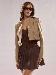 SHEIN Glamour Women's Chic Khaki Autumn Two Piece Set,Fashionable Daily Office Commute Cropped Blazer Jacket&Skirt Suit,Night Out Brown Pocket Turnover Jacket - Khaki - View 1