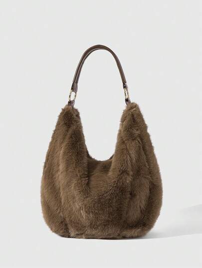 Aloruh Fashionable And Elegant New Autumn And Winter Soft Solid Color Plush Large Capacity Zippering Women's Shoulder Tote Bag White-Collar Workers Perfect For College&Work&Business&Commute&Outdoors&Travel&Outings&Office&Perfect For Work&Shopping&For Attending Dinner Parties&Fashion Events And Giving Gifts To Friends