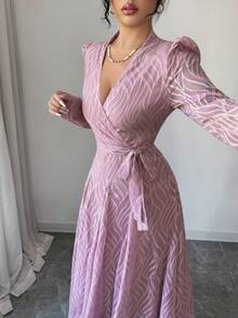 Modelyn Vestido mini con mangas abullonadas y cintura ceñida, diseño francés para mujeres - Morado - Ver 4