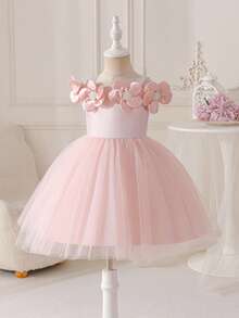 Glamorique Kids Abito senza maniche per bambine con decorazione floreale 3D in perline, tessuto in chiffon e raso a spalle scoperte, abito elegante di alta qualità per uso quotidiano, vacanze, matrimoni, feste di compleanno, esibizioni, principessa - Rosa - Visualizzare 4