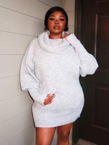 Enliva Vestido suéter plus size casual vintage inspirado no estilo Y2K cinza ombro de fora manga comprida, confortável e versátil para uso diário, adequado para outono/inverno - Cinza - Ver 6