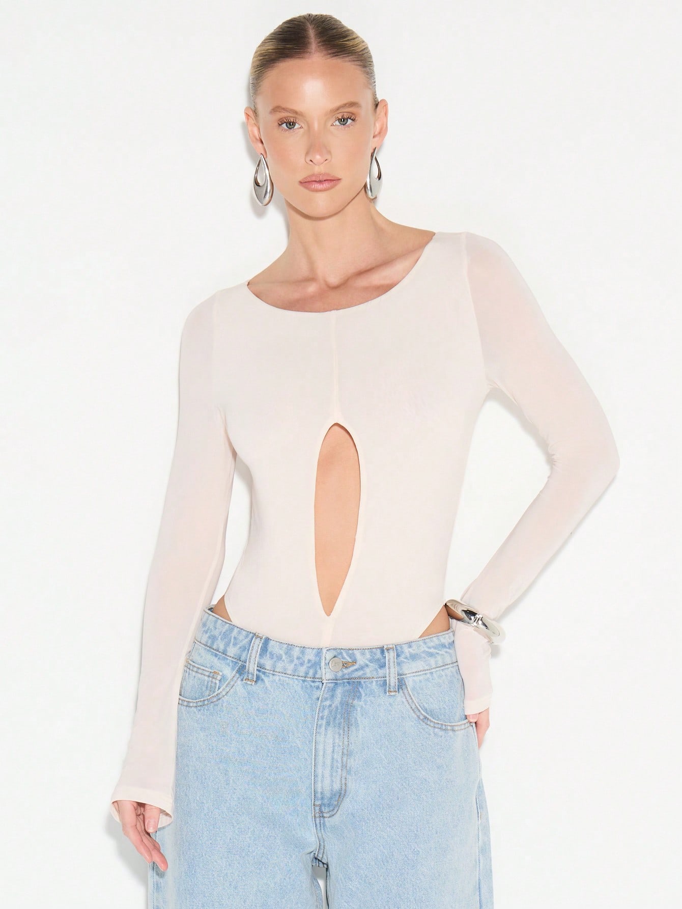 KIZN Long Sleeve Cutout Bodysuit With Chest Opening