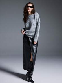 MYSTAURA Embellished With Beads & Sequins Round Neck Versatile Women Long Sleeve Knit Sweater - Grey - View 5