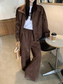 DAZY 女士麂皮长袖外套和休闲宽松裤两件套，韩版风格，秋冬款