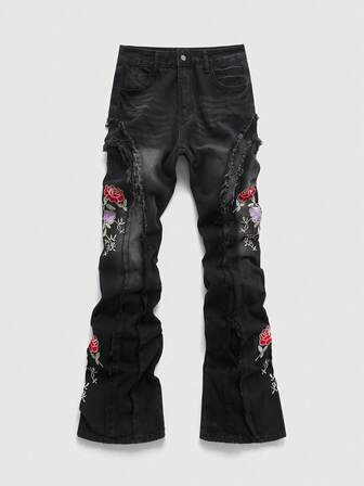 Street Life Men's Washed Distressed Floral Embroidery Patchwork Layered Jeans
