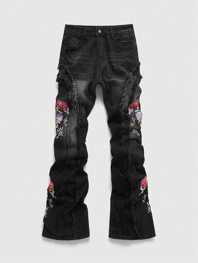 Street Life Men's Washed Distressed Floral Embroidery Patchwork Layered Jeans