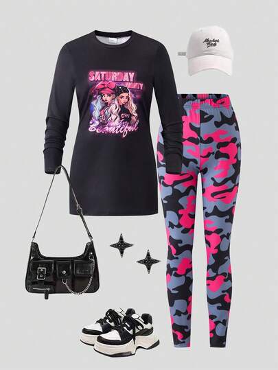 Sparklyn 2pcs/Set Cartoon Girl Print Long Sleeve Casual Slit Top & Pink Camouflage Leggings, Suitable For Casual Occasions Like Daily Wear, Outing, Travel, Sports, Fit For Girls 8-12 Years Old