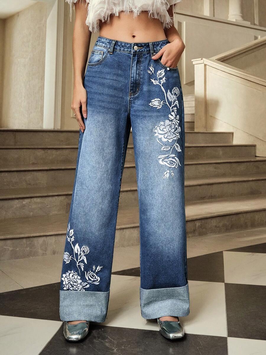 Selenza Jeans de mezclilla casual de mujer con dobladillo bordado y puños - Azul lavado oscuro - Ver 1