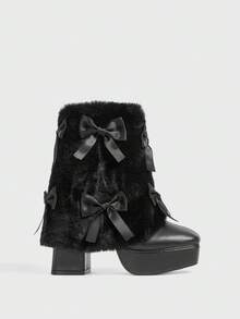 Sugerpunk Women's Bowknot Furry Fringe High Heel Platform Black Boots, Warm Winter Square Toe Cute Christmas Style Ankle Boots - Black - View 5