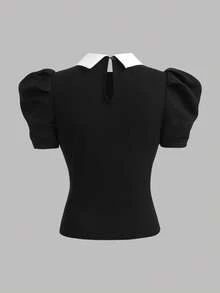 SHEIN Girlism Teenager Mädchen Geripptes Kontrast-Farbe Nieten Kragen Kurzarm Lässig Figurbetontes T-Shirt - Schwarz und Weiss - Übersicht 2