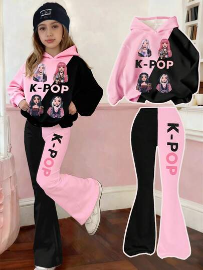 2pcs/Set Tween Girl Casual K-POP Cartoon Girl Graphic Long Sleeve Hoodie Sweatshirt And Skinny Flare Pants Set, Warm & Comfortable For Autumn/Winter Daily Wear, Sports, Streetwear, Campus Style