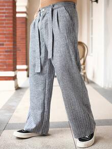 Manfinity Homme Quần vải lanh thô kẻ sọc cài nút phía trước cho nam, quần ống đứng dài có dây rút, dành cho chồng, quà tặng bạn trai, mùa thu - Xám - Xem 3