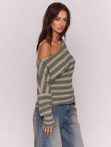 MUSERA Stripe Cinched Waist Off The Shoulder Textured Top Fall Autum Winter - Yellow - View 3