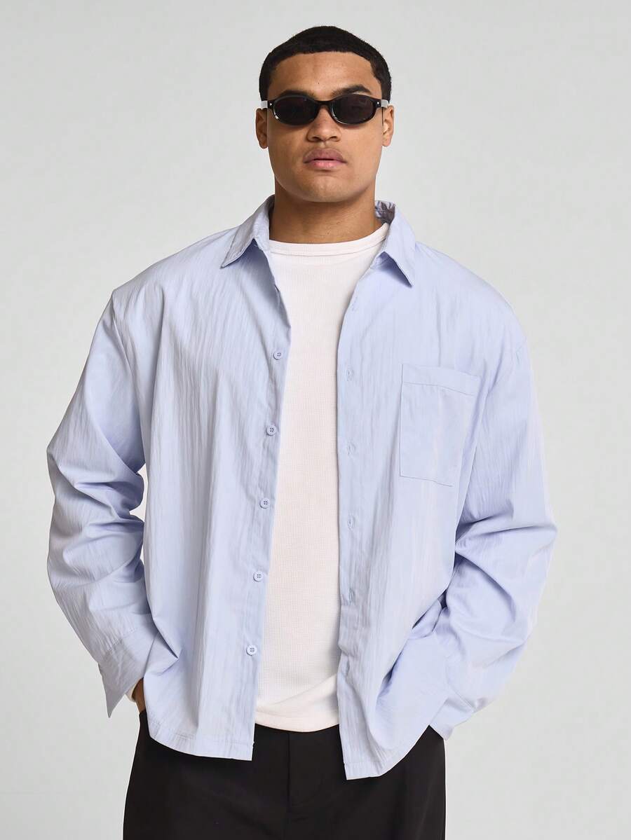 Musero 长袖纽扣式正式衬衫上衣 春夏叠穿胶囊衣橱 - 淺藍色 - 查看 1