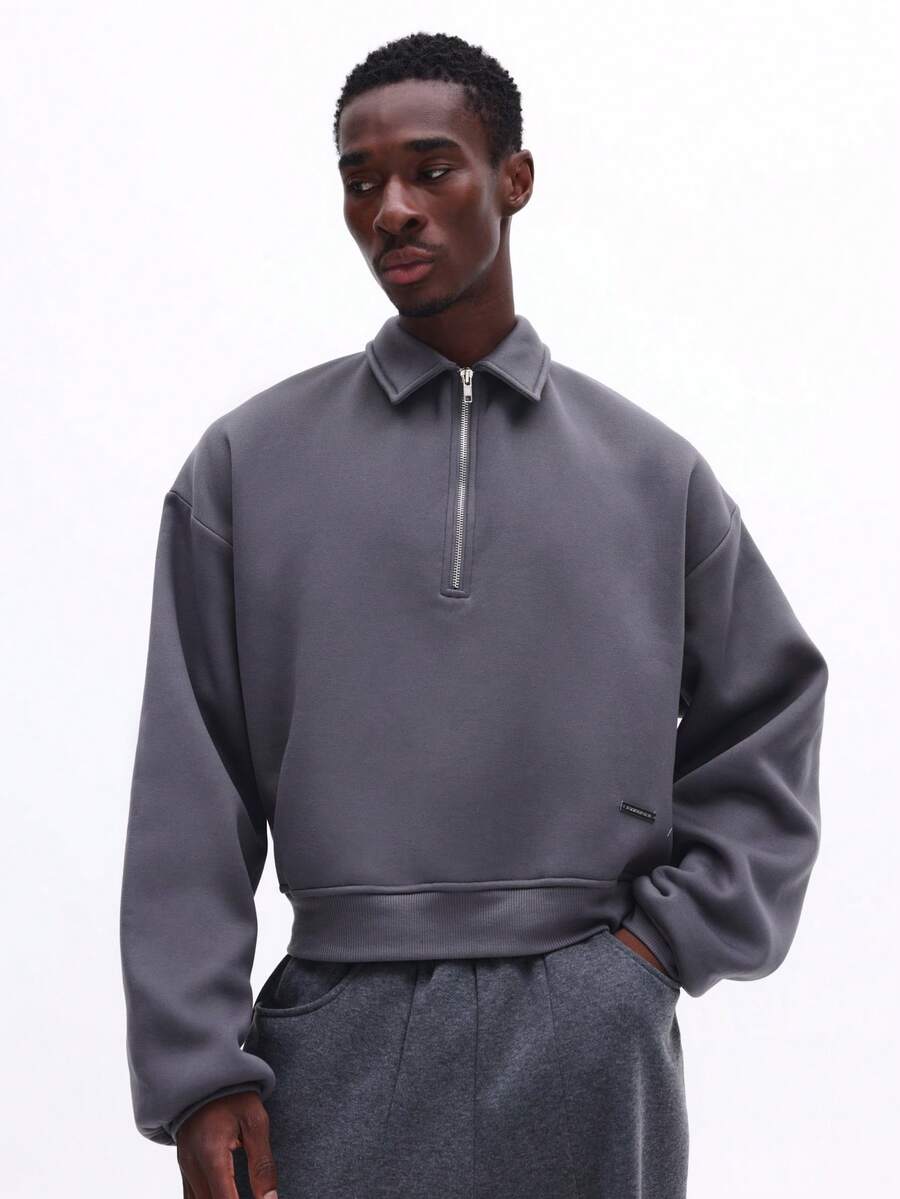 SUMWON Men's Collared Half Zip Pullover Sweatshirt Casual Long Sleeve Quarter Zip Streetwear Autumn Winter Layering Essential - Dark Grey - View 1