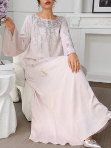 Al Najma Áo choàng dài tay xòe cổ vuông thêu sequin chắp vá thanh lịch dành cho nữ trong kỳ nghỉ Ramadan - Màu Tím - Xem 2