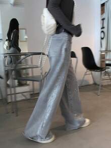 DAZY Women's Rhinestone Embellished Casual Loose Straight Leg Jeans Carnival - Blue - View 4