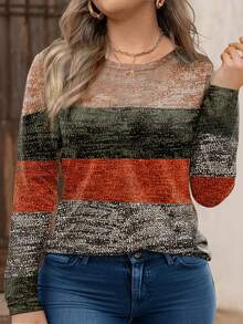 EMERY ROSE Plus Size Women's Casual Round Neck Colorful Striped Print Long Sleeve T-Shirt, Spring/Autumn - Multicolor - View 5