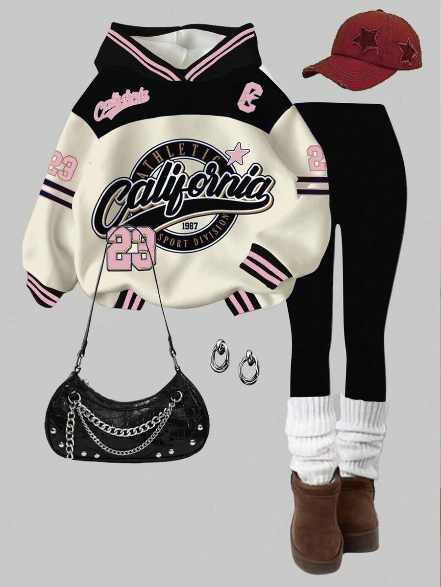 SHEIN Leap Crew 两件套少女休闲复古字母数字徽章图案运动连帽衫和紧身裤，学院风，适合秋冬季穿着 - 彩色 - 查看 1