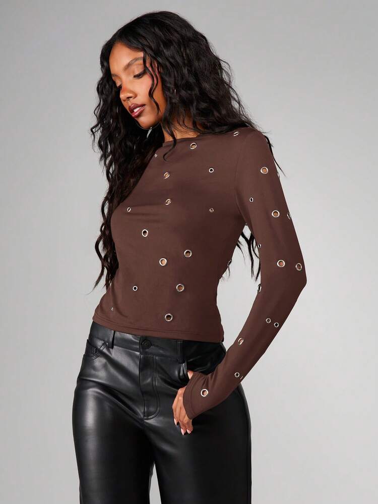 MISSGUIDED Metal Eyelet Grommet Detail Long Sleeve Fitted Crew Neck Top Fall Winter Casual Pullover