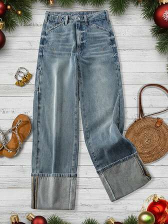 EMERY ROSE Women's Casual Daily Distressed Cat Whisker Pocket Denim Jeans,Loose Vintage Washed Straight Jeans, Casual Office Style,Old Money Look,Vintage Country Style