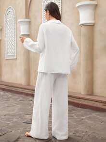 EMERY ROSE 女士纯色翻领长袖上衣和口袋裤休闲两件套 - 白色 - 查看 2