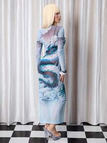 Y2Kool BiGraphic Blue, Chinese Elements, Oriental Elements, Ink Painting, Dragon, Clouds, Sky, Mesh, Sheer, Sexy, Y2K, Streetwear, Casual, Baddie, Women's Dress With Long Sleeves, Suitable For Summer, Autumn, Winter,Parties, Gatherings, Vacations, Daily Wear - Blue - View 3