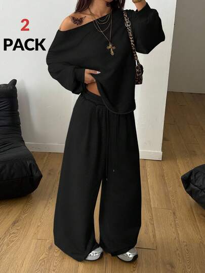 Coolane Women's Fall/Winter All-Season Streetwear Going Out Off Shoulder Long Sleeve Sweatshirt And Elastic Waistband High Waisted Black Pants Two Pieces Outfits 2 Piece Pants Sets Woman Two Piece Set