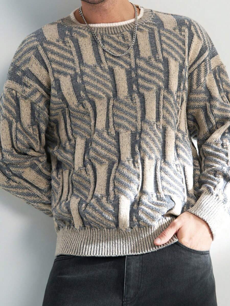 Airaco Knitted Vintage Textured Loose Round Sailor Collar Sweater, For Winter - Multicolor - View 1