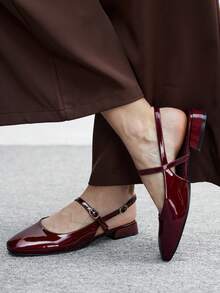 CUCCOO BIZCHIC 女士方头粗跟酒红色绑带舒适简约通勤平底玛丽珍无后跟套脚鞋，适合日常穿着和工作场合。 - 酒紅色 - 查看 5