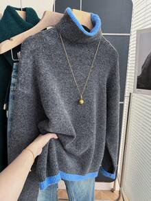 Franclia 女士休闲宽松高领长袖撞色滚边灰色套头毛衣，秋冬季 - 深灰色 - 查看 1