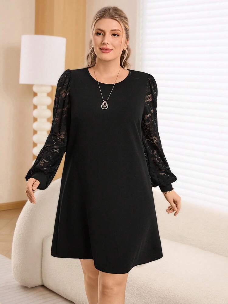 Plus Size Solid Color Round Neck Elegant Long Sleeve Dress   Dress  Casual Dress For Women  Floral Dress  New Year Dress Women's New Year's Eve Dresses  Party Dress  Plus Size Black Elegant Dress Black Dress Plus Size Elegant Dress,Spring/Summer/Vacation