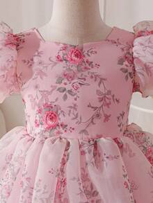 SHEIN Glamorique Kids 小女孩公主裙，花卉印花，蝴蝶结装饰，泡泡袖，适合生日派对、婚礼、节日、舞会等场合。 - 粉色 - 查看 4
