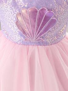 Glamorique Kids Đầm đính sequin hình vỏ sò, chân váy phồng voan màu tím ombre, đầm dự tiệc chủ đề đại dương cho bé gái. - Màu tím - Xem 5