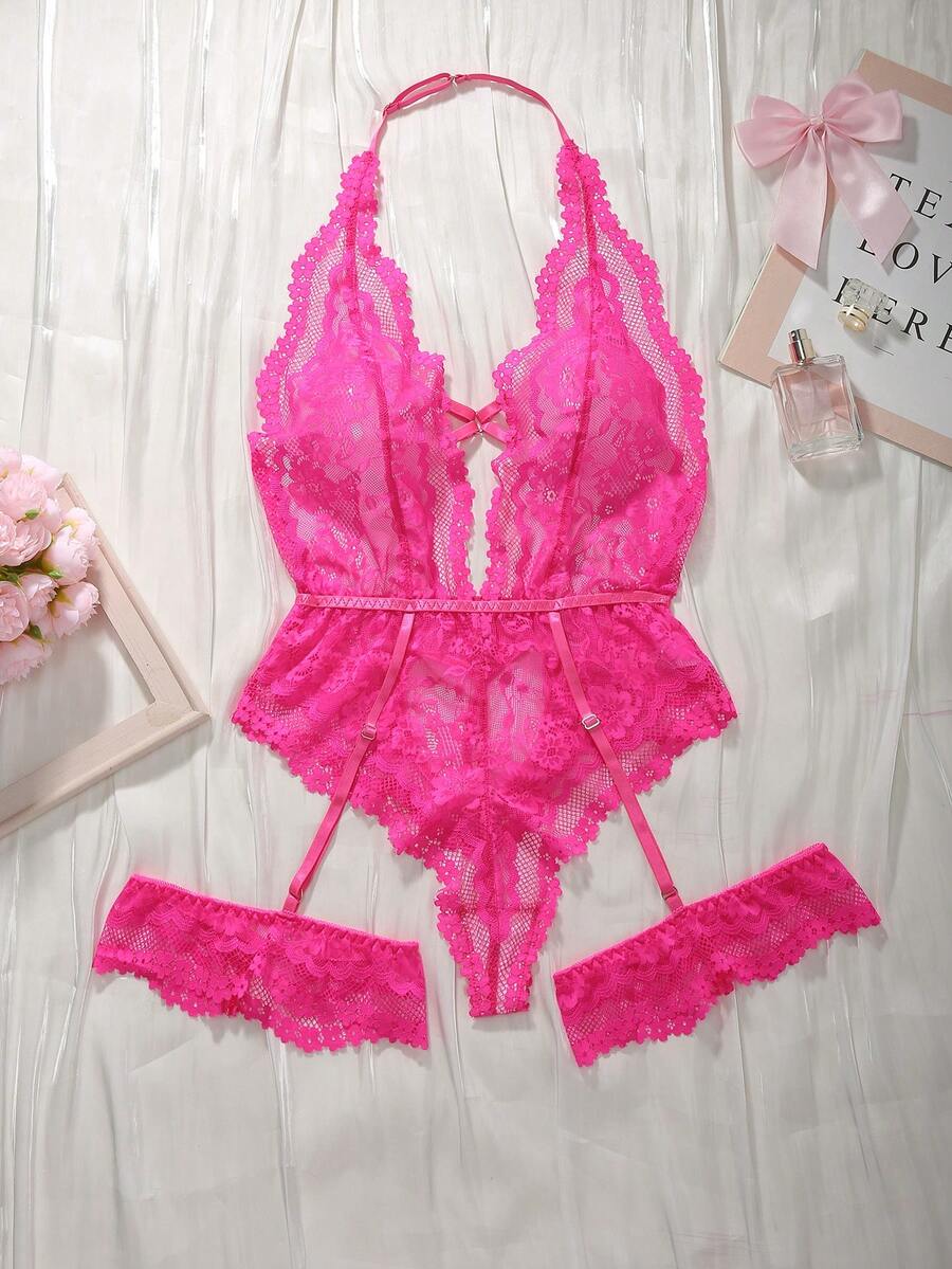 SHEIN Women's Sexy Solid Color Lace Halter Backless Bodysuit For Going Out - Hot Pink - View 1