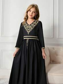 Tween Girls Elegant Party Gold Foil Print Ribbon Dress - Black - View 8