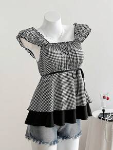 Comfortcana Women's Plaid Print Square Neck Casual Fashion T-Shirt New Year's - Black and White - View 3