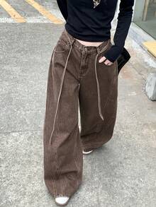 Dazy Kids 适合少女的直筒宽松长款休闲牛仔裤 - 棕色 - 查看 5