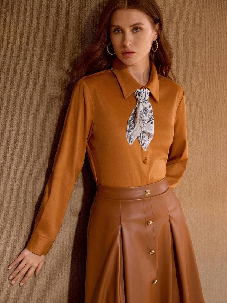 WOMEN'S ELEGANT CONTRAST BOW TIE SHIRT, SUITABLE FOR COMMUTING