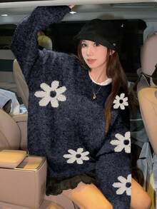 DAZY 女士印花宽松圆领休闲毛衣 - 寶藍色 - 查看 2
