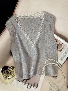 INAWLY Áo len chui đầu cổ chữ V phối ren vá thanh lịch cho nữ - Xám - Xem 6