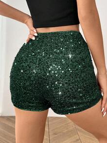 SHEIN EZwear Grüne glitzernde gestrickte Shorts für Frauen für Musikfestivals - Dunkelgrün - Übersicht 2