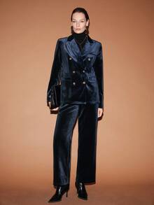 Lumivelle Women's Notched Collar Fleece Double-Breasted Front Long Sleeve Top And Pants Formal Suit Set, Commuting Style - Royal Blue - View 4