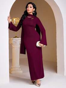 Veilorie Women's Elegant Party Bell Sleeve Fitted Dress Knit Maxi Wine Red Dress Modest Two Piece Set Knit Maxi Dress