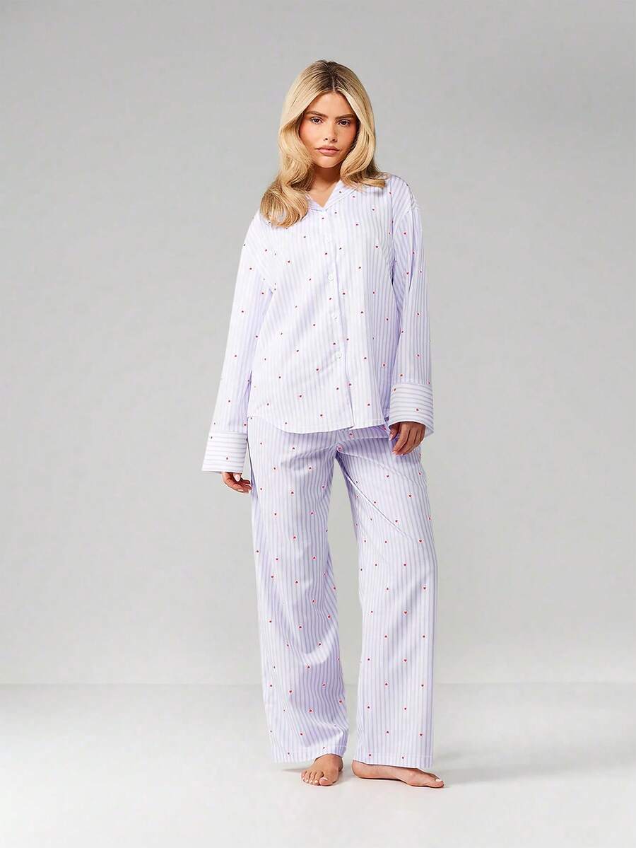 MISSGUIDED 睡衣套装，心形印花条纹长袖纽扣上衣搭配同款休闲裤，舒适睡衣 - 淡紫色 - 查看 1